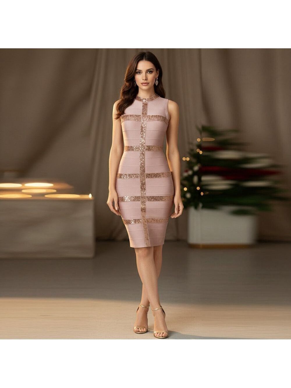 VENUS Luxe Rose Gold Sequin Heavyweight Bandage Dress Sz S Glam, Old Money
